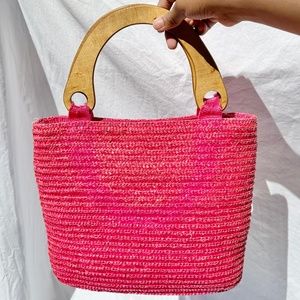Fusica Pink Vintage Straw Woven Bag w Contrast White Stitching and Wooden Handle